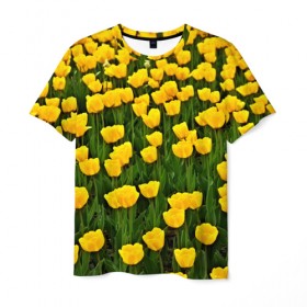 Мужская футболка 3D с принтом Жёлтые тюльпаны в Кировске, 100% полиэфир | прямой крой, круглый вырез горловины, длина до линии бедер | поле | цветы | яркий
