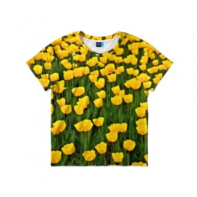 Детская футболка 3D с принтом Жёлтые тюльпаны в Кировске, 100% гипоаллергенный полиэфир | прямой крой, круглый вырез горловины, длина до линии бедер, чуть спущенное плечо, ткань немного тянется | поле | цветы | яркий