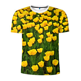 Мужская футболка 3D спортивная с принтом Жёлтые тюльпаны в Кировске, 100% полиэстер с улучшенными характеристиками | приталенный силуэт, круглая горловина, широкие плечи, сужается к линии бедра | Тематика изображения на принте: поле | цветы | яркий
