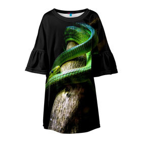 Детское платье 3D с принтом Змея на груди в Кировске, 100% полиэстер | прямой силуэт, чуть расширенный к низу. Круглая горловина, на рукавах — воланы | гадюка | дерево | джунгли | зелёный змей | змея | кобра | природа | удав