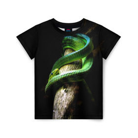 Детская футболка 3D с принтом Змея на груди в Кировске, 100% гипоаллергенный полиэфир | прямой крой, круглый вырез горловины, длина до линии бедер, чуть спущенное плечо, ткань немного тянется | гадюка | дерево | джунгли | зелёный змей | змея | кобра | природа | удав