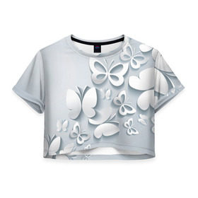 Женская футболка 3D укороченная с принтом Белоснежные бабочки в Кировске, 100% полиэстер | круглая горловина, длина футболки до линии талии, рукава с отворотами | Тематика изображения на принте: бабочка | девушка | кружево. красота | нежность | полёт