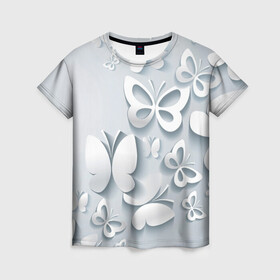 Женская футболка 3D с принтом Белоснежные бабочки в Кировске, 100% полиэфир ( синтетическое хлопкоподобное полотно) | прямой крой, круглый вырез горловины, длина до линии бедер | Тематика изображения на принте: бабочка | девушка | кружево. красота | нежность | полёт