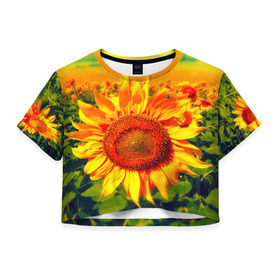 Женская футболка 3D укороченная с принтом Подсолнухи в Кировске, 100% полиэстер | круглая горловина, длина футболки до линии талии, рукава с отворотами | лето | подсолнух | поле | природа | цветок | яркая