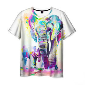 Мужская футболка 3D с принтом Слоны в Кировске, 100% полиэфир | прямой крой, круглый вырез горловины, длина до линии бедер | animal | art | bright | child | color | elephants | family | mother | rainbow | spectrum | животные | искусство | мама | радуга | ребенок | семья | слоны | спектр | цвета | яркие