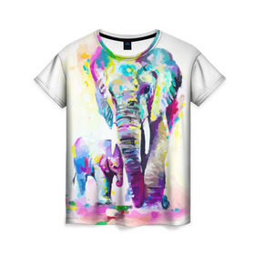 Женская футболка 3D с принтом Слоны в Кировске, 100% полиэфир ( синтетическое хлопкоподобное полотно) | прямой крой, круглый вырез горловины, длина до линии бедер | animal | art | bright | child | color | elephants | family | mother | rainbow | spectrum | животные | искусство | мама | радуга | ребенок | семья | слоны | спектр | цвета | яркие