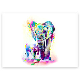 Поздравительная открытка с принтом Слоны в Кировске, 100% бумага | плотность бумаги 280 г/м2, матовая, на обратной стороне линовка и место для марки
 | animal | art | bright | child | color | elephants | family | mother | rainbow | spectrum | животные | искусство | мама | радуга | ребенок | семья | слоны | спектр | цвета | яркие