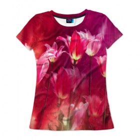 Женская футболка 3D с принтом Тюльпаны в Кировске, 100% полиэфир ( синтетическое хлопкоподобное полотно) | прямой крой, круглый вырез горловины, длина до линии бедер | 