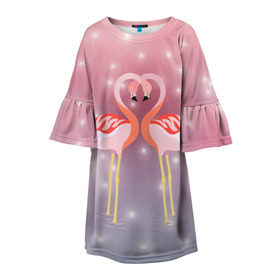 Детское платье 3D с принтом Влюбленные фламинго в Кировске, 100% полиэстер | прямой силуэт, чуть расширенный к низу. Круглая горловина, на рукавах — воланы | 14 февраля | день всех влюбленных | любовь | птицы | фламинго