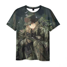 Мужская футболка 3D с принтом Девушка с оружием в Кировске, 100% полиэфир | прямой крой, круглый вырез горловины, длина до линии бедер | anime | eyes | forest camouflage | girl | green | guns | japanese | rifle | sniper | аниме | винтовка | глаза | девушка | зеленые | камуфляж | лес | оружие | снайпер | японская