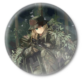 Значок с принтом Девушка с оружием в Кировске,  металл | круглая форма, металлическая застежка в виде булавки | anime | eyes | forest camouflage | girl | green | guns | japanese | rifle | sniper | аниме | винтовка | глаза | девушка | зеленые | камуфляж | лес | оружие | снайпер | японская