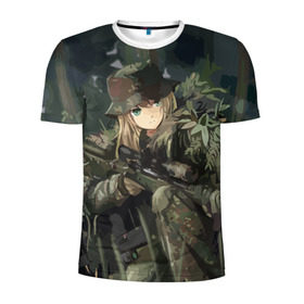 Мужская футболка 3D спортивная с принтом Девушка с оружием в Кировске, 100% полиэстер с улучшенными характеристиками | приталенный силуэт, круглая горловина, широкие плечи, сужается к линии бедра | anime | eyes | forest camouflage | girl | green | guns | japanese | rifle | sniper | аниме | винтовка | глаза | девушка | зеленые | камуфляж | лес | оружие | снайпер | японская