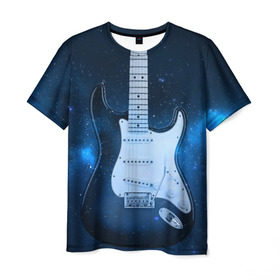 Мужская футболка 3D с принтом Космическая гитара в Кировске, 100% полиэфир | прямой крой, круглый вырез горловины, длина до линии бедер | fender | stratocaster | вселенная | галактика | гитра | космос | музыка | рок | рокнрол | стратокастер | туманность | фендер | электро | электрогитара