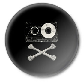 Значок с принтом Pirate Music в Кировске,  металл | круглая форма, металлическая застежка в виде булавки | 80s | 90s | bone | dance | disco | music | pirate | retro | skelet | skull | tape | диско | кассета | кости | музыка | пират | ретро | скелет | череп