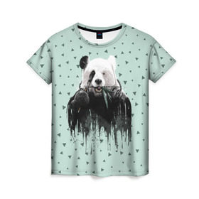 Женская футболка 3D с принтом Панда-художник в Кировске, 100% полиэфир ( синтетическое хлопкоподобное полотно) | прямой крой, круглый вырез горловины, длина до линии бедер | animal | art | artist | bear | beast | design | panda | style | арт | дизайн | животное | зверь | кисть | краски | медведь | панда | стиль | художник