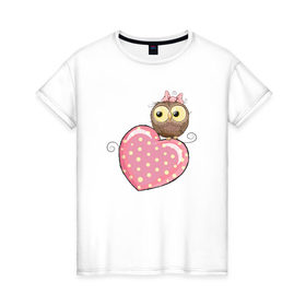 Женская футболка хлопок с принтом Совушка на сердце в Кировске, 100% хлопок | прямой крой, круглый вырез горловины, длина до линии бедер, слегка спущенное плечо | птицы
