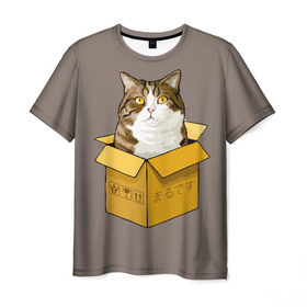 Мужская футболка 3D с принтом Maru в Кировске, 100% полиэфир | прямой крой, круглый вырез горловины, длина до линии бедер | cat | maru | коробка | кот в коробке | кот мару | котейка | кошка | мару | прикол