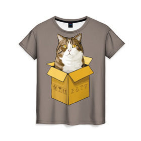 Женская футболка 3D с принтом Maru в Кировске, 100% полиэфир ( синтетическое хлопкоподобное полотно) | прямой крой, круглый вырез горловины, длина до линии бедер | cat | maru | коробка | кот в коробке | кот мару | котейка | кошка | мару | прикол