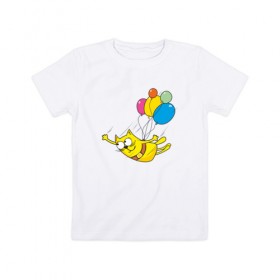 Детская футболка хлопок с принтом Кот на воздушных шарах в Кировске, 100% хлопок | круглый вырез горловины, полуприлегающий силуэт, длина до линии бедер | 
