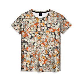 Женская футболка 3D с принтом Суши в Кировске, 100% полиэфир ( синтетическое хлопкоподобное полотно) | прямой крой, круглый вырез горловины, длина до линии бедер | sushi | деликатес | закуска | куча | рис | роллы | ролы | рыба | фастфуд | япония