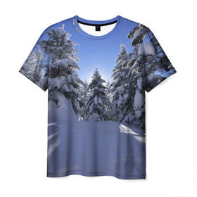 Мужская футболка 3D с принтом Зимний лес в Кировске, 100% полиэфир | прямой крой, круглый вырез горловины, длина до линии бедер | Тематика изображения на принте: времена года | ель | зима | леса | лучи света | природа | снег