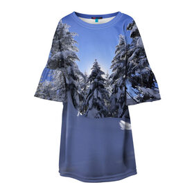 Детское платье 3D с принтом Зимний лес в Кировске, 100% полиэстер | прямой силуэт, чуть расширенный к низу. Круглая горловина, на рукавах — воланы | времена года | ель | зима | леса | лучи света | природа | снег