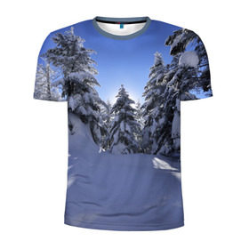 Мужская футболка 3D спортивная с принтом Зимний лес в Кировске, 100% полиэстер с улучшенными характеристиками | приталенный силуэт, круглая горловина, широкие плечи, сужается к линии бедра | времена года | ель | зима | леса | лучи света | природа | снег