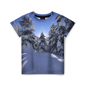 Детская футболка 3D с принтом Зимний лес в Кировске, 100% гипоаллергенный полиэфир | прямой крой, круглый вырез горловины, длина до линии бедер, чуть спущенное плечо, ткань немного тянется | времена года | ель | зима | леса | лучи света | природа | снег
