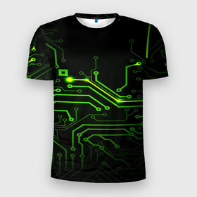 Мужская футболка 3D спортивная с принтом Tehnology в Кировске, 100% полиэстер с улучшенными характеристиками | приталенный силуэт, круглая горловина, широкие плечи, сужается к линии бедра | зеленый | микросхема | черный