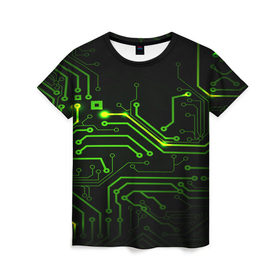 Женская футболка 3D с принтом Tehnology в Кировске, 100% полиэфир ( синтетическое хлопкоподобное полотно) | прямой крой, круглый вырез горловины, длина до линии бедер | Тематика изображения на принте: зеленый | микросхема | черный