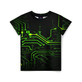 Детская футболка 3D с принтом Tehnology в Кировске, 100% гипоаллергенный полиэфир | прямой крой, круглый вырез горловины, длина до линии бедер, чуть спущенное плечо, ткань немного тянется | Тематика изображения на принте: зеленый | микросхема | черный