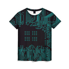 Женская футболка 3D с принтом Electronics в Кировске, 100% полиэфир ( синтетическое хлопкоподобное полотно) | прямой крой, круглый вырез горловины, длина до линии бедер | кибер | микросхема | черный