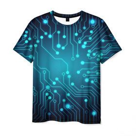 Мужская футболка 3D с принтом SkyNet в Кировске, 100% полиэфир | прямой крой, круглый вырез горловины, длина до линии бедер | Тематика изображения на принте: бирюзовый | кибер | микросхема | яркий