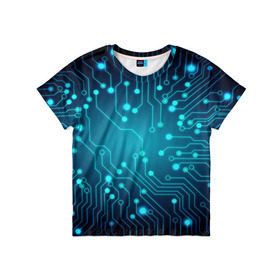 Детская футболка 3D с принтом SkyNet в Кировске, 100% гипоаллергенный полиэфир | прямой крой, круглый вырез горловины, длина до линии бедер, чуть спущенное плечо, ткань немного тянется | Тематика изображения на принте: бирюзовый | кибер | микросхема | яркий