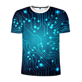 Мужская футболка 3D спортивная с принтом SkyNet в Кировске, 100% полиэстер с улучшенными характеристиками | приталенный силуэт, круглая горловина, широкие плечи, сужается к линии бедра | Тематика изображения на принте: бирюзовый | кибер | микросхема | яркий