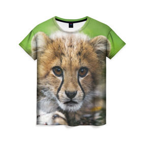 Женская футболка 3D с принтом Котёнок гепарда в Кировске, 100% полиэфир ( синтетическое хлопкоподобное полотно) | прямой крой, круглый вырез горловины, длина до линии бедер | гепард | дикая кошка | котёнок | кошка | лев | природа | тигр | хищник | ягуар