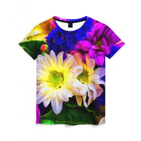 Женская футболка 3D с принтом Райские цветы в Кировске, 100% полиэфир ( синтетическое хлопкоподобное полотно) | прямой крой, круглый вырез горловины, длина до линии бедер | color | колорит | лепестки | цвет | цветок | цветочки | цветы