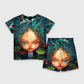 Детский костюм с шортами 3D с принтом Fantasy art в Кировске,  |  | art | bright | bubbles | color | colors | face | fish | girl | painting | pattern | patterns | water | вода | девушка | искусство | картина | краски | лицо | орнамент | пузыри | рыбы | творчество | узоры | цвет | яркие