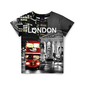 Детская футболка 3D с принтом Улицы Лондона в Кировске, 100% гипоаллергенный полиэфир | прямой крой, круглый вырез горловины, длина до линии бедер, чуть спущенное плечо, ткань немного тянется | Тематика изображения на принте: bus | city | england | evening | lights | london | night | street | two storey | united kingdom | автобус | англия | великобритания | вечер | город | двухэтажный | лондон | ночь | огни | улица