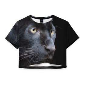 Женская футболка 3D укороченная с принтом Черная пантера в Кировске, 100% полиэстер | круглая горловина, длина футболки до линии талии, рукава с отворотами | животные | кис | киска | кот | котенок | котик | кошечка | кошка | пантера | рысь | тигр | хищник