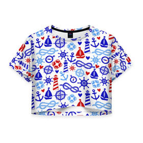 Женская футболка 3D укороченная с принтом Речник в Кировске, 100% полиэстер | круглая горловина, длина футболки до линии талии, рукава с отворотами | вода | канат | компас | круг | маяк | море | парус | спасатель | узел | якорь