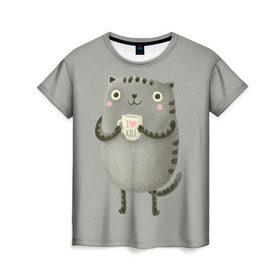Женская футболка 3D с принтом Cat Love Kill в Кировске, 100% полиэфир ( синтетическое хлопкоподобное полотно) | прямой крой, круглый вырез горловины, длина до линии бедер | animal | beast | cat | feline | kill | kitty | love | meow | взгляд | животное | зверь | кот | котенок | котик | кофе | кошка | любовь | мяу | чай