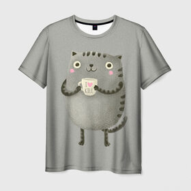 Мужская футболка 3D с принтом Cat Love Kill в Кировске, 100% полиэфир | прямой крой, круглый вырез горловины, длина до линии бедер | animal | beast | cat | feline | kill | kitty | love | meow | взгляд | животное | зверь | кот | котенок | котик | кофе | кошка | любовь | мяу | чай