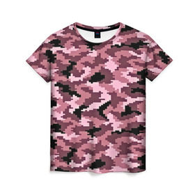 Женская футболка 3D с принтом Розовый камуфляж в Кировске, 100% полиэфир ( синтетическое хлопкоподобное полотно) | прямой крой, круглый вырез горловины, длина до линии бедер | пиксельный
