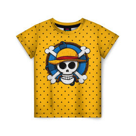 Детская футболка 3D с принтом One Pirate в Кировске, 100% гипоаллергенный полиэфир | прямой крой, круглый вырез горловины, длина до линии бедер, чуть спущенное плечо, ткань немного тянется | Тематика изображения на принте: bone | jack | luffy | ocean | one piece | pirate | sea | skull | treasure | большой куш | брук | джек | клад | луффи | море | нами | океан | пират | робин | санджи | сокровище | флаг | франки | череп