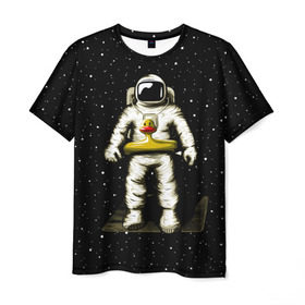 Мужская футболка 3D с принтом Космонавт с уточкой в Кировске, 100% полиэфир | прямой крой, круглый вырез горловины, длина до линии бедер | астронавт | ванна | галактика | звезды | космонавт | планета | утка | уточка