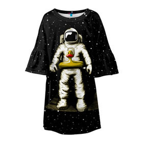 Детское платье 3D с принтом Космонавт с уточкой в Кировске, 100% полиэстер | прямой силуэт, чуть расширенный к низу. Круглая горловина, на рукавах — воланы | астронавт | ванна | галактика | звезды | космонавт | планета | утка | уточка