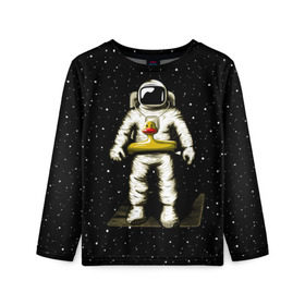 Детский лонгслив 3D с принтом Космонавт с уточкой в Кировске, 100% полиэстер | длинные рукава, круглый вырез горловины, полуприлегающий силуэт
 | астронавт | ванна | галактика | звезды | космонавт | планета | утка | уточка