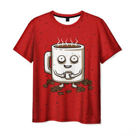 Мужская футболка 3D с принтом Кофейный пьяница в Кировске, 100% полиэфир | прямой крой, круглый вырез горловины, длина до линии бедер | Тематика изображения на принте: coffee | tea | кофе | кружка | утро | чай | чашка
