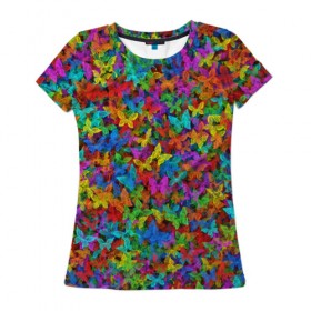 Женская футболка 3D с принтом Разноцветные бабочки в Кировске, 100% полиэфир ( синтетическое хлопкоподобное полотно) | прямой крой, круглый вырез горловины, длина до линии бедер | насекомые | паттерн | пестрый | радуга | разноцветный | яркий